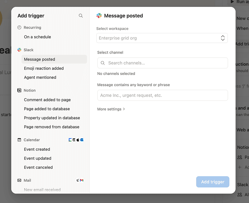 Select triggers for Custom Agents in Slack Enterprise Grid