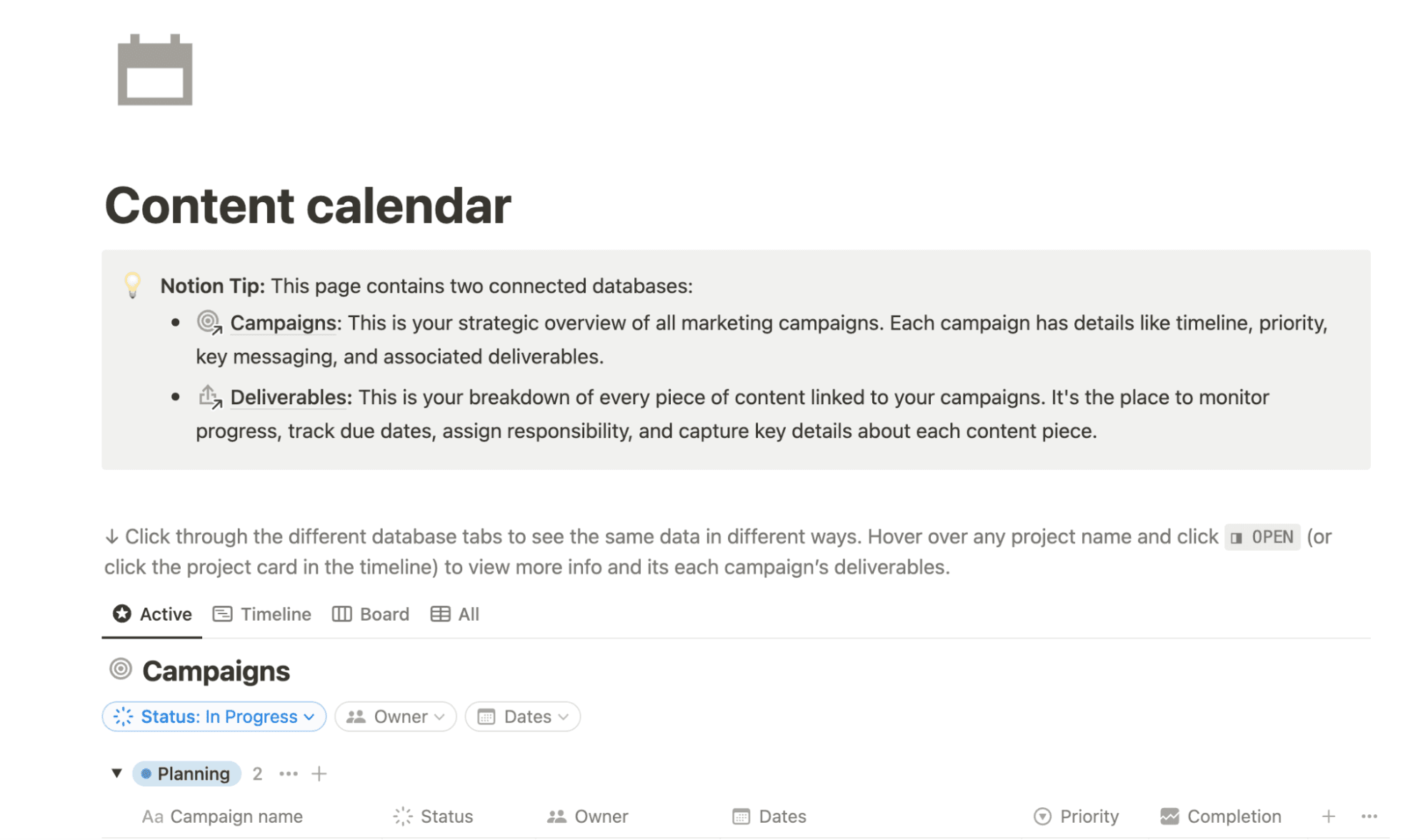 Content calendar