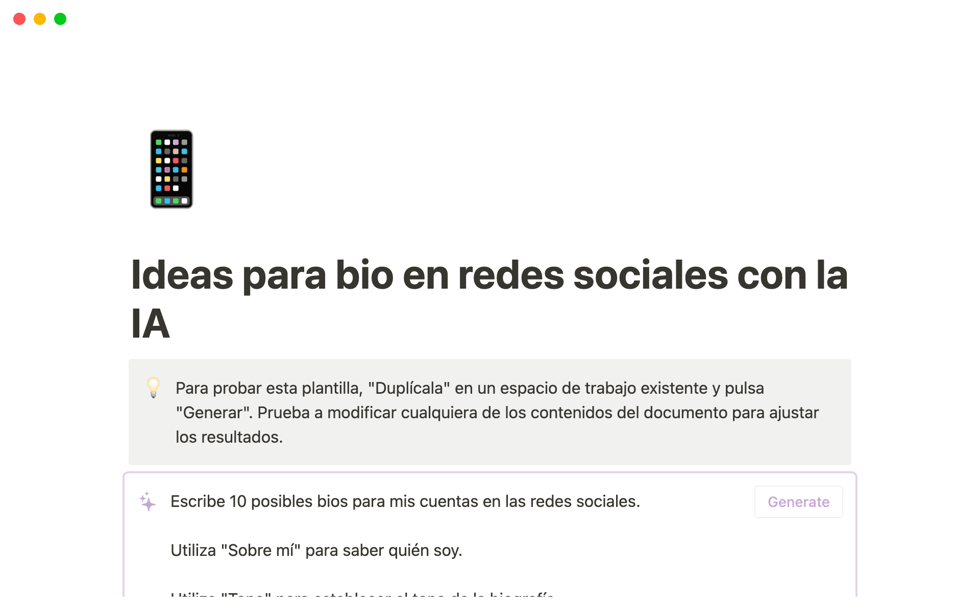 A screenshot of social media bio ideas written with Notion AI.