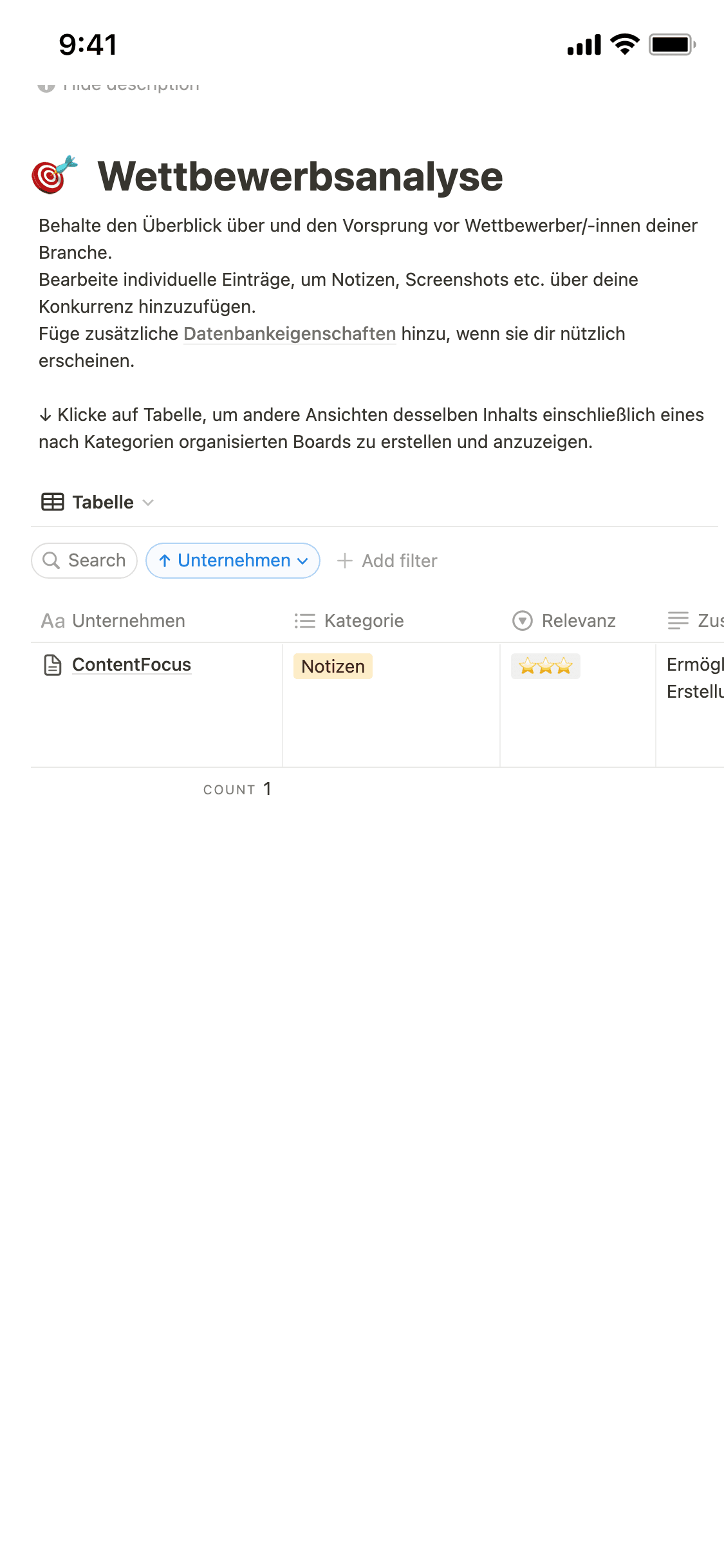 Screenshot der mobilen Notion-App